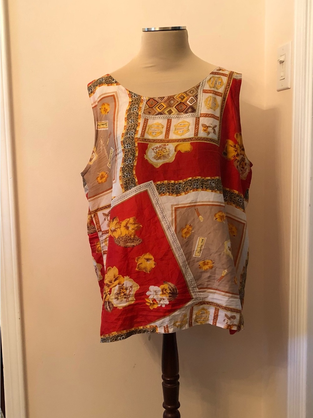 VTG 100% SILK Mureli Red/Tan Samba Patchwork Tank Top 90s Wearable Art FLAWS